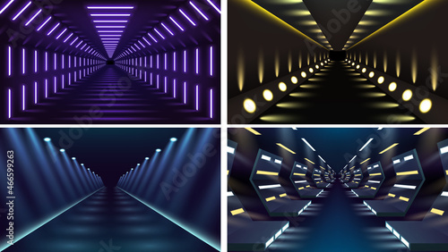 Endless tunnel optical illusion, corridor, runaway teleport illuminating fluorescent neon light