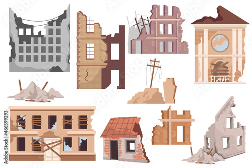 Set Destroyed City Buildings, Post-apocalyptic War Destruction, Abandoned Town Infrastructure. Natural Disaster