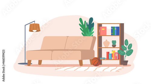 Living Room Interior with Furniture and Decor. Sofa, Shelf with Books, Plants and Glasses, Basketball Ball with Lamp