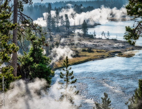 Geysers and River in Yellowstone