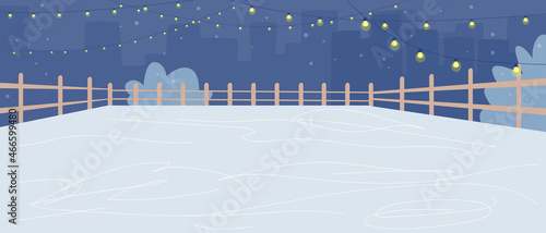 Empty Outdoor Ice Rink for Skating, Skiing and Fun Winter Activities. Frozen Pond in Park Urban Landscape with Cityscape
