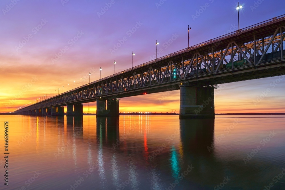 Amur bridge at sunset. Trans siberian railway. Khabarovsk, far East, Russia.