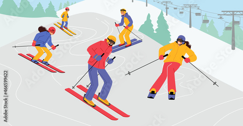 Happy People Riding Skis by Snow Slopes on Winter Resort. Wintertime Season Holidays Activity. Sportswomen Having Fun