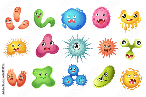 Set of Cartoon Viruses, Bacteria and Germs Characters with Funny Faces. Smiling Pathogen Microbe Monsters with Big Eyes