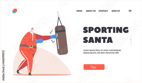 Sporting Santa Training in Gym with Punching Bag. Landing Page Template. Christmas Winter Holiday Sport, Healthy Life