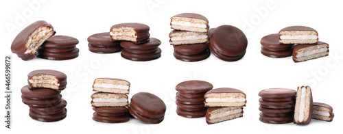 Εκτύπωση καμβά Set with tasty choco pies on white background. Banner design