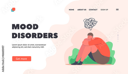 Mood Disorders Landing Page Template. Teenager Depression, Problems, Depressed Unhappy Boy Sitting on Floor need Help
