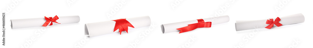 Rolled student's diplomas with red ribbons on white background, collage. Banner design Rolled student's diplomas with red ribbons on white background, collage. Banner design