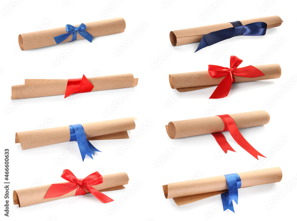 Rolled student's diplomas with blue and red ribbons on white background, collage Rolled student's diplomas with blue and red ribbons on white background, collage