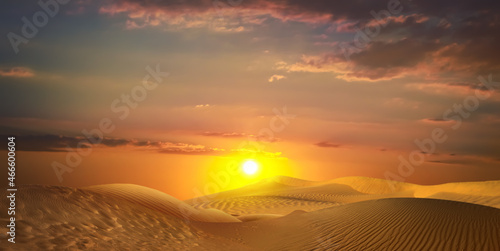 Beautiful view of sandy desert at sunset. Banner design