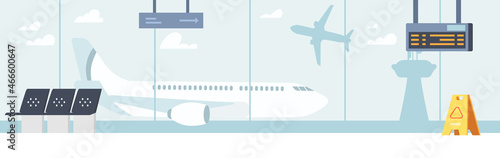Airport Waiting Room, Empty Terminal Interior With Chairs and Schedule Display. Departure Area with Seats and Window