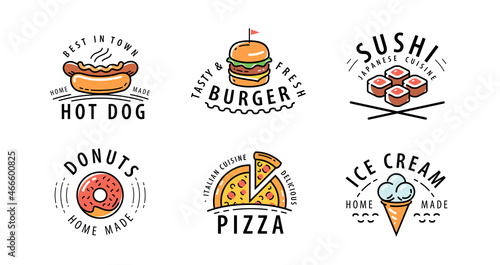 Food labels set. Emblems or restaurant menu, cafe. Vector illustration