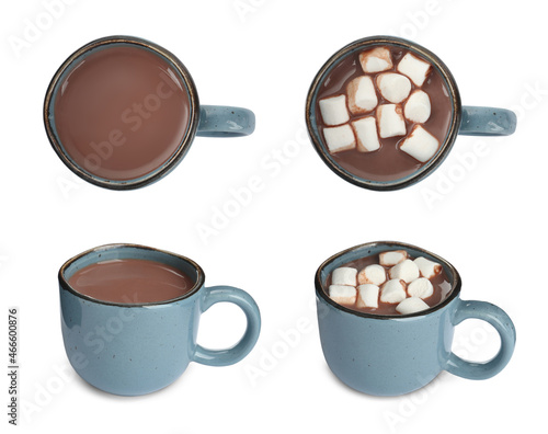 Set with cups of delicious hot chocolate on white background