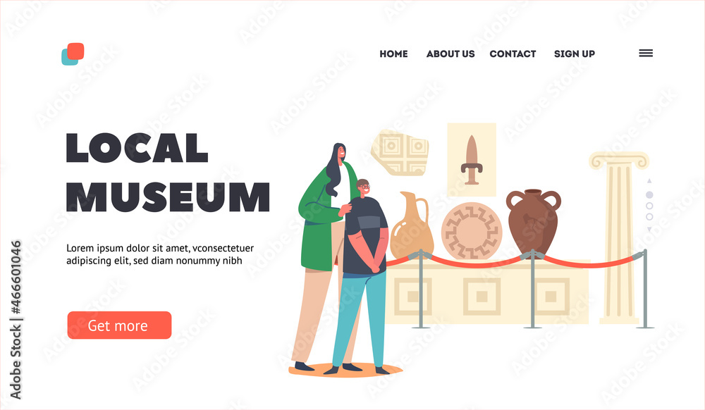 Local Museum Landing Page Template. Family Characters Mother and Son Tourists Visiting Ancient History Exhibition