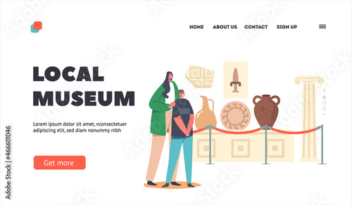 Local Museum Landing Page Template. Family Characters Mother and Son Tourists Visiting Ancient History Exhibition