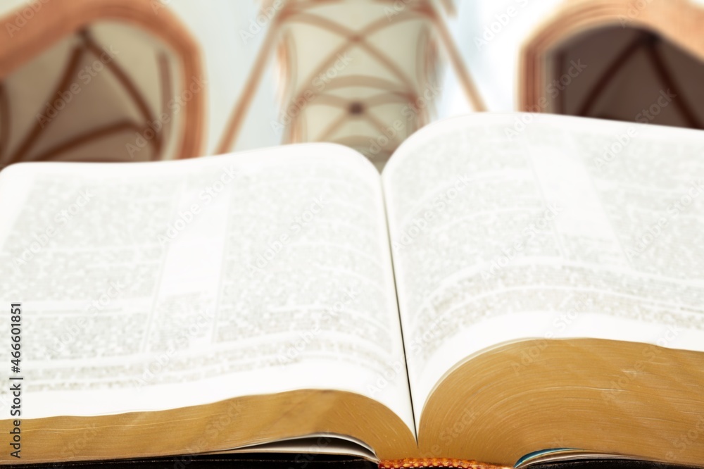 Fototapeta premium A Jewish Torah textbook on a Synagogue indoor background.