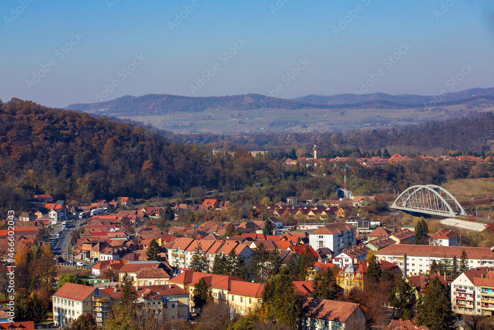 Landscape with the city of Sighisoara - Romania seen from above