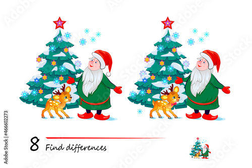 Find 8 differences. Illustration of Christmas tree and cute Santa Claus. Logic puzzle game for children and adults. Page for kids brain teaser book. Developing counting skills. IQ test. Play online.