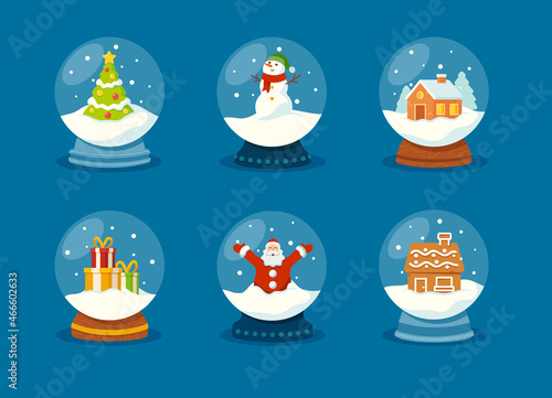 Set of Glass Snow Globe, Christmas Souvenir Isolated on Blue Background. Winter Snowball, Magic Xmas Crystal Orbs