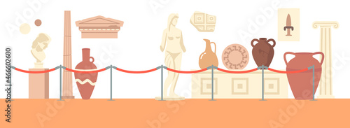 Empty Archeology or Anthropology Interior with Ancient Classical Amphora, Statue of Greek Goddess, Marble Pillar, Dishes