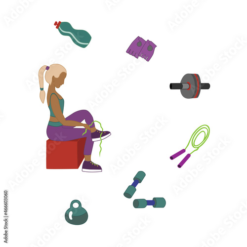 slender woman or girl prepares for fitness classes and ties her sports shoes. Vector illustration of an athlete and sports attributes.