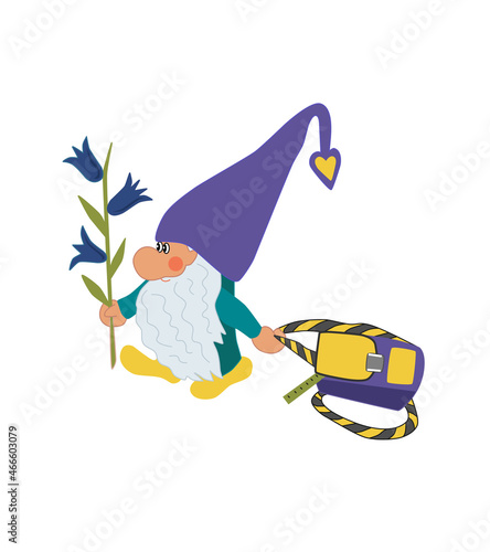 School gnome with a backpack and a bouquet of flowers. Funny vector illustration for school, college on the Day of Knowledge.