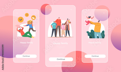 Happy Family Mobile App Page Onboard Screen Template. Parents and Kids Characters Playing around the Room, Home Fun