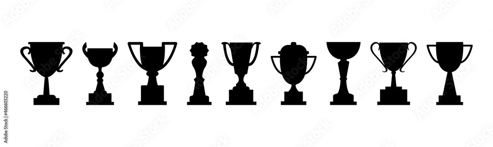 Award cups vector set, trophy black icons, sport champion prize isolated on white background. Winner illustration Award cups vector set, trophy black icons, sport champion prize isolated on white background. Winner illustration