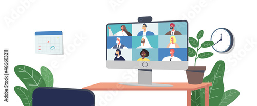 Workers Webcam Group Conference with Coworkers on Pc Screen. Business Characters, Office Employees Speak on Video Call
