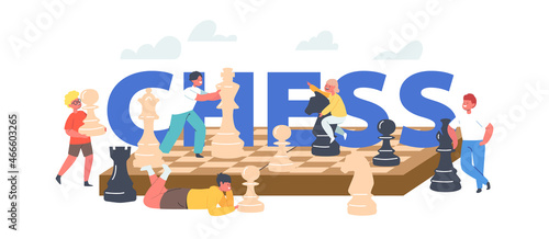 Kids Playing Chess Concept. Children with Huge Figures on Chessboard Enjoying Logic Activities and Game Tournament