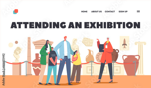 Attending an Exhibition Landing Page Template. Family Visiting Museum of Ancient History Watching Old Vases with Guide