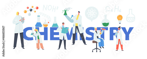 Schoolkids Conduct Experiment in Chemistry Class Concept. Little Researchers Characters with Teacher Conduct Experiment