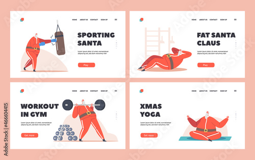 Santa Claus Workout in Gym Landing Page Template Set. Funny Senior Character Healthy Lifestyle, Powerlifting Sport