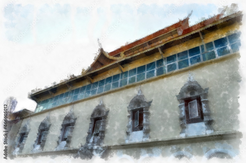 Ancient architecture of Thailand watercolor style illustration impressionist painting. Ancient architecture of Thailand watercolor style illustration impressionist painting.