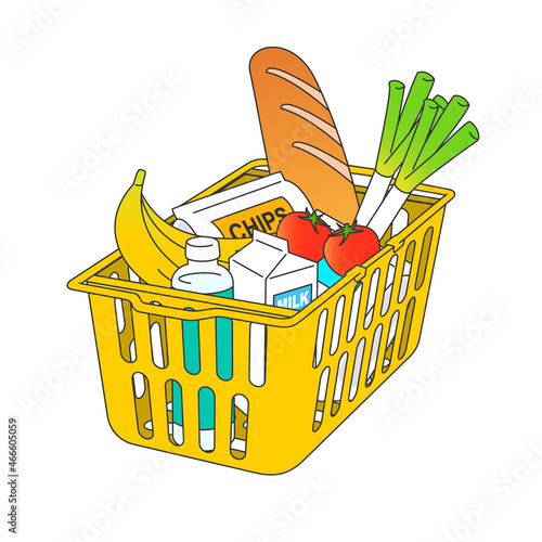 Shopping basket filled with food and beverages.