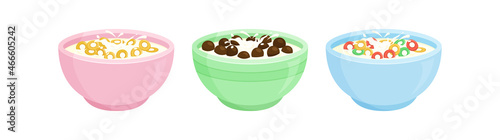 Cereal breakfast bowl set, cornflakes with milk vector icon isolated on white background. Cartoon food illustration