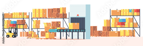 Warehouse Interior with Cardboard Boxes on Racks, Conveyor Belt and Forklift Machine. Robotic Storehouse with Goods