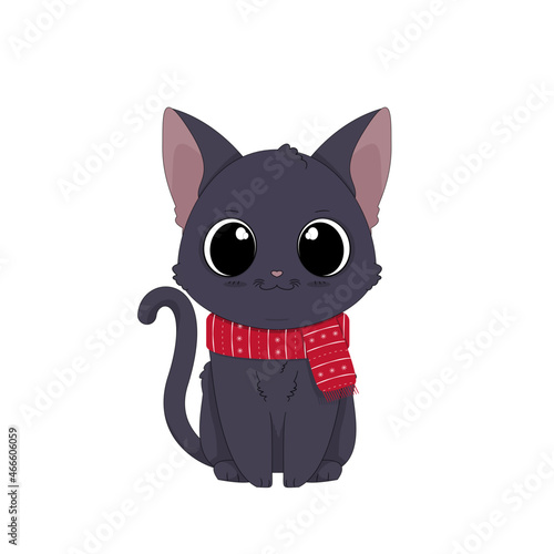 Ręcznie rysowany uroczy mały kotek w czerwonym szaliku. Wektorowa ilustracja zadowolonego, siedzącego kota. Słodki, chętny do zabawy zwierzak. Kot gotowy na zimę.