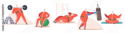 Set of Santa Claus Workout in Gym. Christmas Character Meditate, Boxing, Powerlifting and Exercises on Fit Ball Sport