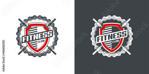 logo athletic club for bodybuilding, powerlifting, weightlifting, crossfit and fitness training. Barbell club logo vintage design isolated on background. Emblem for gym and heavy training of strongman