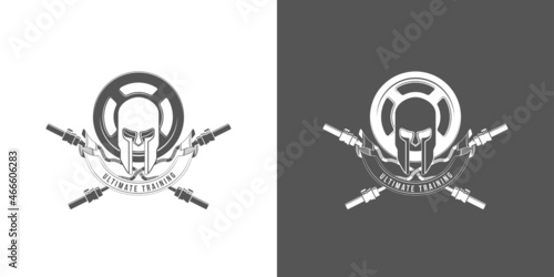 logo athletic club for bodybuilding, powerlifting, weightlifting, crossfit and fitness training. Barbell club logo vintage design isolated on background. Emblem for gym and heavy training of strongman