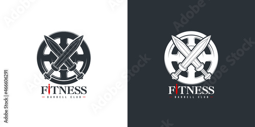 logo athletic club for bodybuilding, powerlifting, weightlifting, crossfit and fitness training. Barbell club logo vintage design isolated on background. Emblem for gym and heavy training of strongman