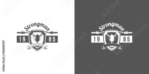 logo athletic club for bodybuilding, powerlifting, weightlifting, crossfit and fitness training. Barbell club logo vintage design isolated on background. Emblem for gym and heavy training of strongman