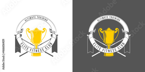 logo athletic club for bodybuilding, powerlifting, weightlifting, crossfit and fitness training. Barbell club logo vintage design isolated on background. Emblem for gym and heavy training of strongman