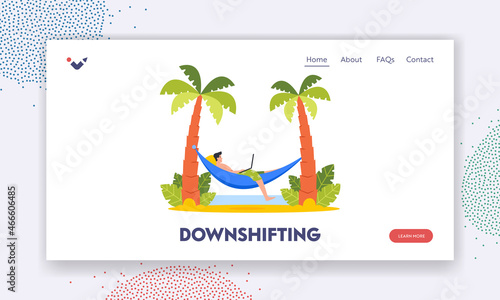 Downshifting Landing Page Template. Handsome Businessman Lying on Hammock at Palm Trees on Exotic Tropical Beach