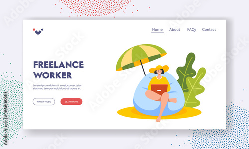 Freelance Worker Landing Page Template. Young Businesswoman Sitting in Beanbag Chair on Tropical Beach Resort