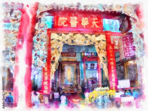 ancient chinese shrine watercolor style illustration impressionist painting.