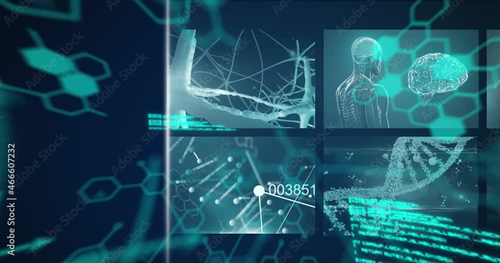 Digital animation of multiple screens with medical data processing against blue background Digital animation of multiple screens with medical data processing against blue background