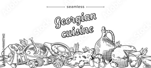 Georgian Cuisine Cuisine Doodle Seamless Pattern with Delicacy Meals. Traditional Dishes of Georgia, Meat, Wine in Jug photo