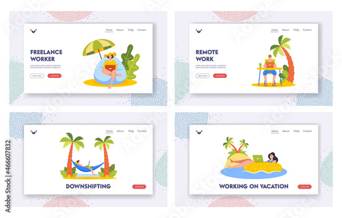 Freelancers Working on Beach Landing Page Template Set. Characters Work at Tropical Resort. People Working on Laptop
